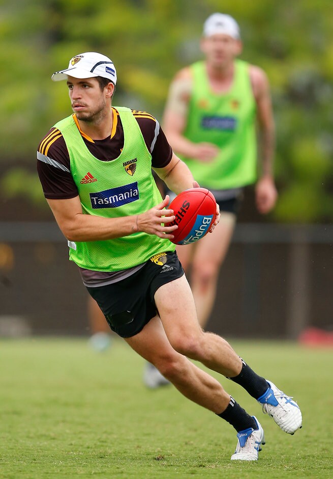 AFL 2016 Training - Hawthorn 080216 MELBOURNE, AUSTRALIA - FEBRUARY 08: Ben Stratton of the Hawks in action during the Hawthorn Hawks training session at the Ricoh Centre in Melbourne, Australia on February 08, 2016. (Photo by Adam Trafford/AFL Media)